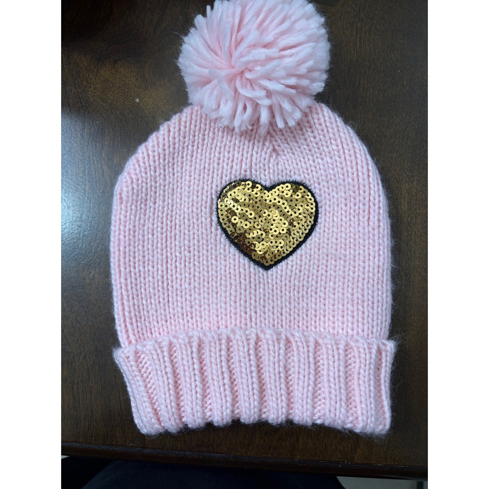 | Sequin Heart Pom Pom Beanie Hat | OS || Pink|